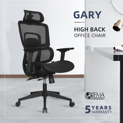 (EM) Gary Office Chair Ergonomic Chair Executive Mesh High back Chair - HMZ-OC-HB-GARY-BK+BK