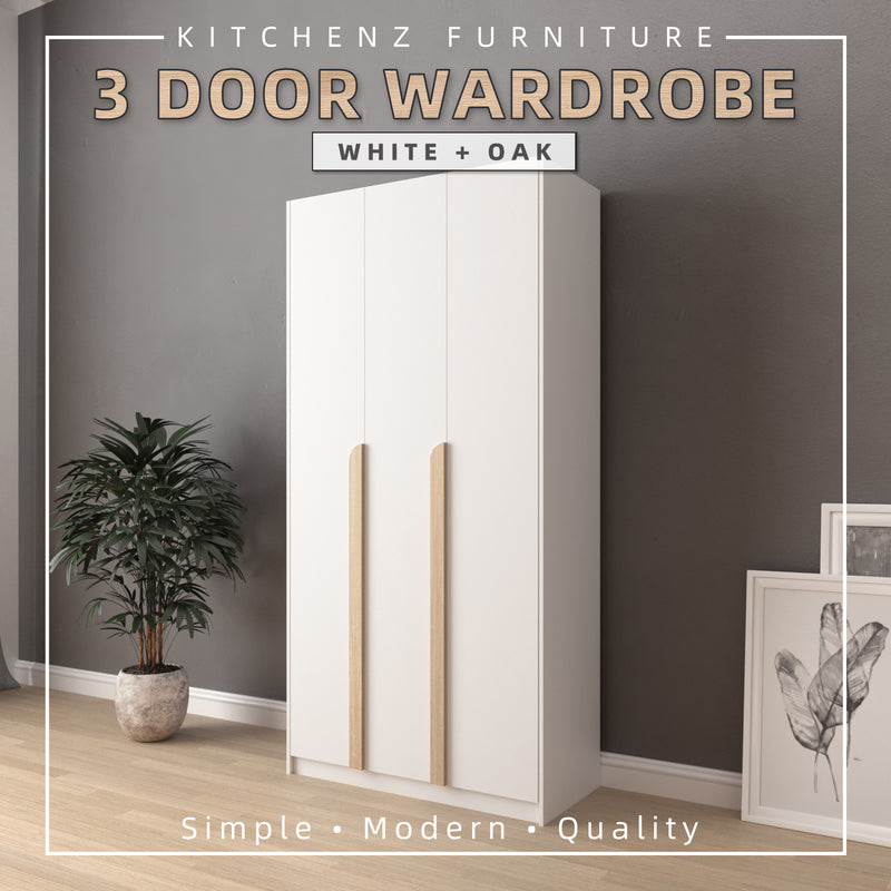 (EM) 3FT 3 Door Wardrobe Particle Board with Hanging Rod-HMZ-FN-WD-S3015