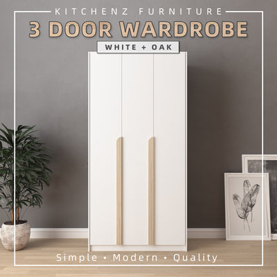 (EM) 3FT 3 Door Wardrobe Particle Board with Hanging Rod-HMZ-FN-WD-S3015