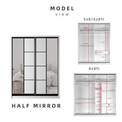 (FREE Shipping & FREE Installation) 5/6/8FT White Anti-jump And Sliding Doors Wardrobe With Mirror / Almari Baju