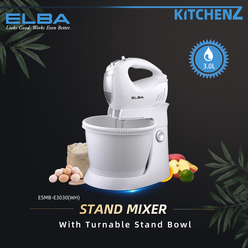 Elba 3.0L Capacity Stand Mixer With Turnable Stand Bowl 5-Speed Control Turbo Function -ESMB-E3030(WH)