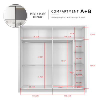 (FREE Shipping & FREE Installation) 8x8FT Melamine Sliding Wardrobe Black Frame Anti-Jump 5 Tier Corner Cabinet Almari Baju Almari Pakaian Kabinet Tepi Almari