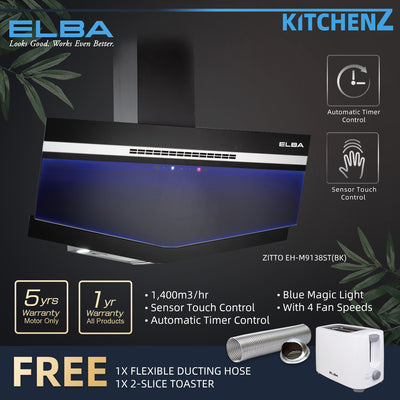 (FREE Shipping) Elba ZITTO Designer Hood Kitchen Cooker Hood 1400m3/hr Suction Power with Auto Clean Function Sensor Touch Control with Free Gift 2 Slice Toaster - EH-M9138ST(BK)