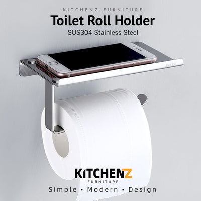 Wall Mounted Anti-Rust Stainless Steel Bathroom Toilet Paper Roll Holder with Rimmed Phone Shelf-HMZ-BRZJ-LY304Z