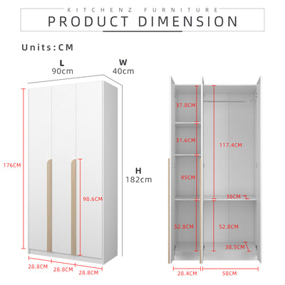 3FT 3 Door Wardrobe Particle Board with Hanging Rod-HMZ-FN-WD-S3015 / S4013