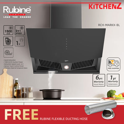 (FREE Shipping) Rubine Chimney Hood 1500 m³/hr Suction Power Stainless Steel RCH-MARKX-BL + FREE Ducting Hose DC18