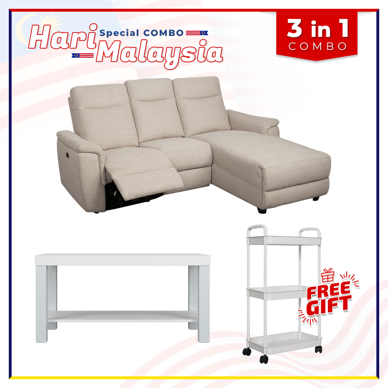 [HARI MALAYSIA FREE SHIPPING COMBO] 6.5FT 3 Seater Linen Fabric Power Recliner Sofa Coffee Table Free Gift 3-Tier Trolley Rack Living Room Combo Set - 50763-CR-L/GY-R+2905-WT+3TIER-WT