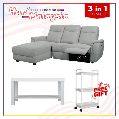 [HARI MALAYSIA FREE SHIPPING COMBO] 6.5FT 3 Seater Linen Fabric Power Recliner Sofa Coffee Table Free Gift 3-Tier Trolley Rack Living Room Combo Set - 50763-CR-L/GY-R+2905-WT+3TIER-WT