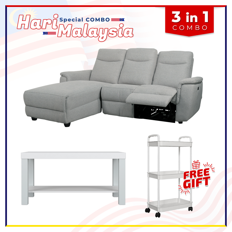 [HARI MALAYSIA FREE SHIPPING COMBO] 6.5FT 3 Seater Linen Fabric Power Recliner Sofa Coffee Table Free Gift 3-Tier Trolley Rack Living Room Combo Set - 50763-CR-L/GY-R+2905-WT+3TIER-WT