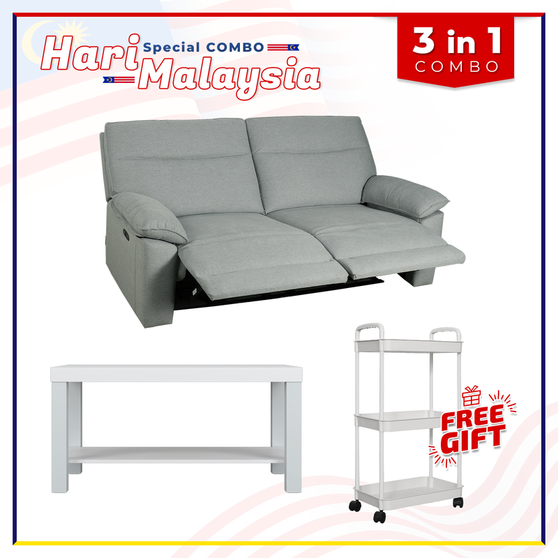 [HARI MALAYSIA FREE SHIPPING COMBO] 6.5FT 2 Seater Linen Fabric Power Recliner Sofa Bed Coffee Table Free Gift 3-Tier Trolley Rack Living Room Combo Set - 50857-BL+2905-WT+3TIER-WT