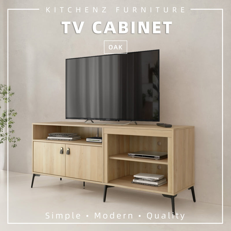 5.2FT TV Cabinet Tv Console Rak Tv Kabinet Tv Almari Tv Metal Leg Soft Close Doors Anti-Scratch Metal Legs Media Storage Shelves - 5123-OAK