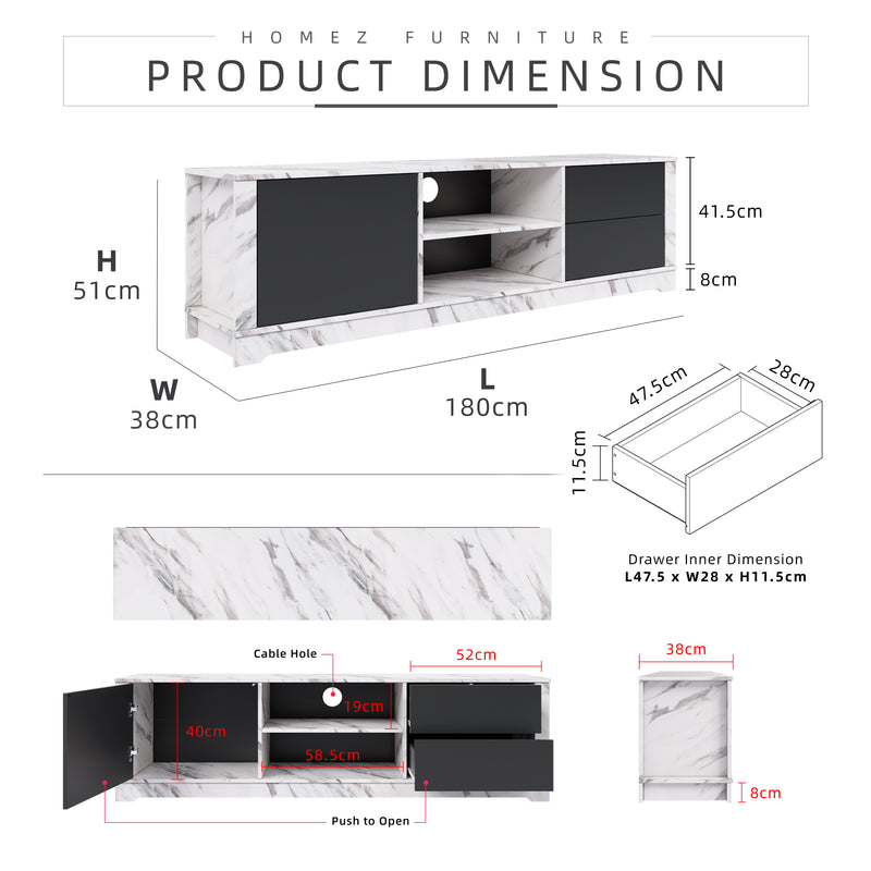 AURORA Series 6FT TV Cabinet with Push to Open Door and Drawers - 5935-MB