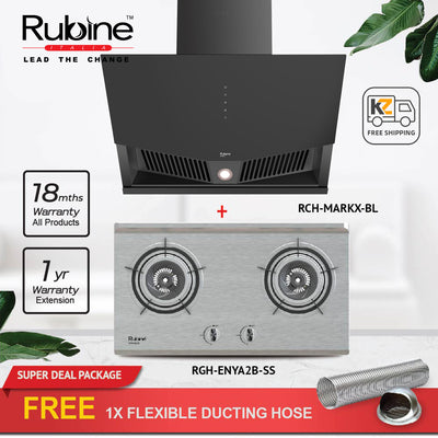 (FREE Shipping) Rubine Chimney Hood 1500 m³/hr Stainless Steel - RCH-MARKX-BL + 5.0Kw Stainless Steel Surface Built-in Hob - RGH-ENYA2B-SS