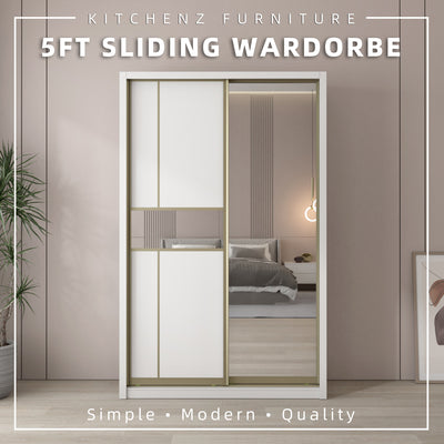 (FREE Shipping & FREE Installation) 5x8FT Melamine Sliding Wardrobe Bronze Frame Anti Jump 5 Tier Corner Cabinet Almari Baju