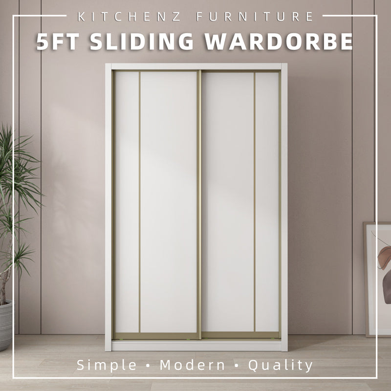 (FREE Shipping & FREE Installation) 5x8FT Melamine Sliding Wardrobe Bronze Frame Anti Jump 5 Tier Corner Cabinet Almari Baju