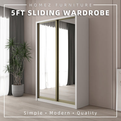 (EM) [FREE Shipping & FREE Installation - ONLY KK] 5Ft x 8Ft Full Melamine Sliding Wardrobe Anti-Jump Almari Baju Almari Pakaian Kabinet Baju A+F