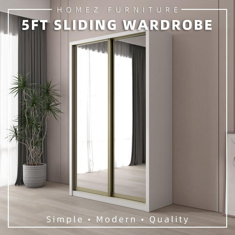 (EM) [FREE Shipping & FREE Installation - ONLY KK] 5Ft x 8Ft Full Melamine Sliding Wardrobe Anti-Jump Almari Baju Almari Pakaian Kabinet Baju A+F