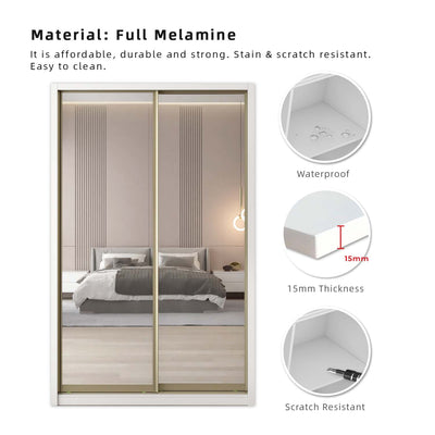(EM) [FREE Shipping & FREE Installation - ONLY KK] 5Ft x 8Ft Full Melamine Sliding Wardrobe Anti-Jump Almari Baju Almari Pakaian Kabinet Baju A+F