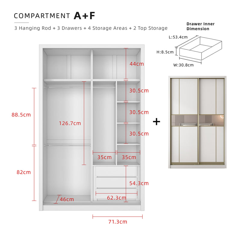 (FREE Shipping & FREE Installation) 5x8FT Melamine Sliding Wardrobe Bronze Frame Anti Jump 5 Tier Corner Cabinet Almari Baju