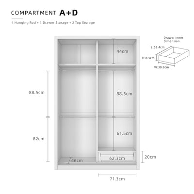 (FREE Shipping & FREE Installation) 5x8FT Melamine Sliding Wardrobe Black Frame Anti Jump 5 Tier Corner Cabinet Almari Baju