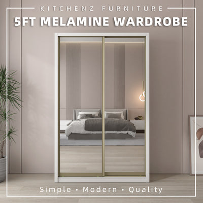 (EM) [FREE Shipping & FREE Installation - ONLY KK] 5Ft x 8Ft Full Melamine Sliding Wardrobe Anti-Jump Almari Baju Almari Pakaian Kabinet Baju A+F