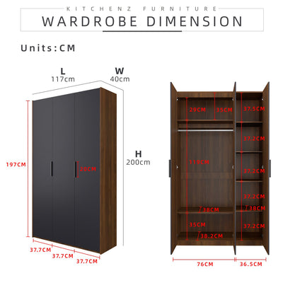 200cm High 3 Door Wardrobe With Matte Black Plastic Handle / Almari Baju / Almari Pakaian-HMZ-FN-WD-6018