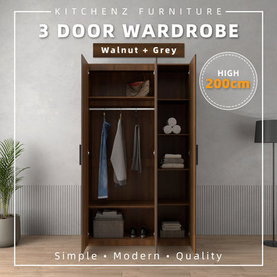 200cm High 3 Door Wardrobe With Matte Black Plastic Handle / Almari Baju / Almari Pakaian-HMZ-FN-WD-6018