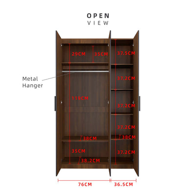 200cm High 3 Door Wardrobe With Matte Black Plastic Handle / Almari Baju / Almari Pakaian-HMZ-FN-WD-6018