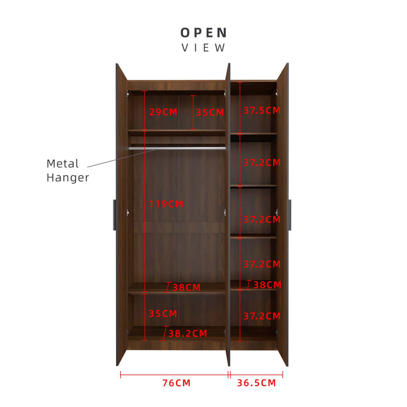 200cm High 3 Door Wardrobe With Matte Black Plastic Handle / Almari Baju / Almari Pakaian-HMZ-FN-WD-6018