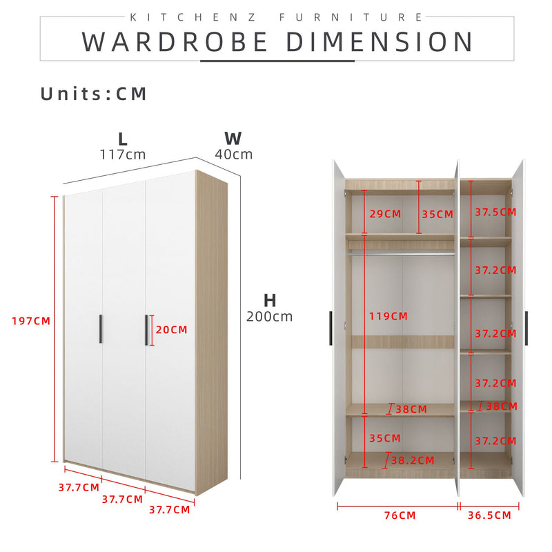 200cm High 3 Door Wardrobe With Matte Black Plastic Handle / Almari Baju / Almari Pakaian-HMZ-FN-WD-6018