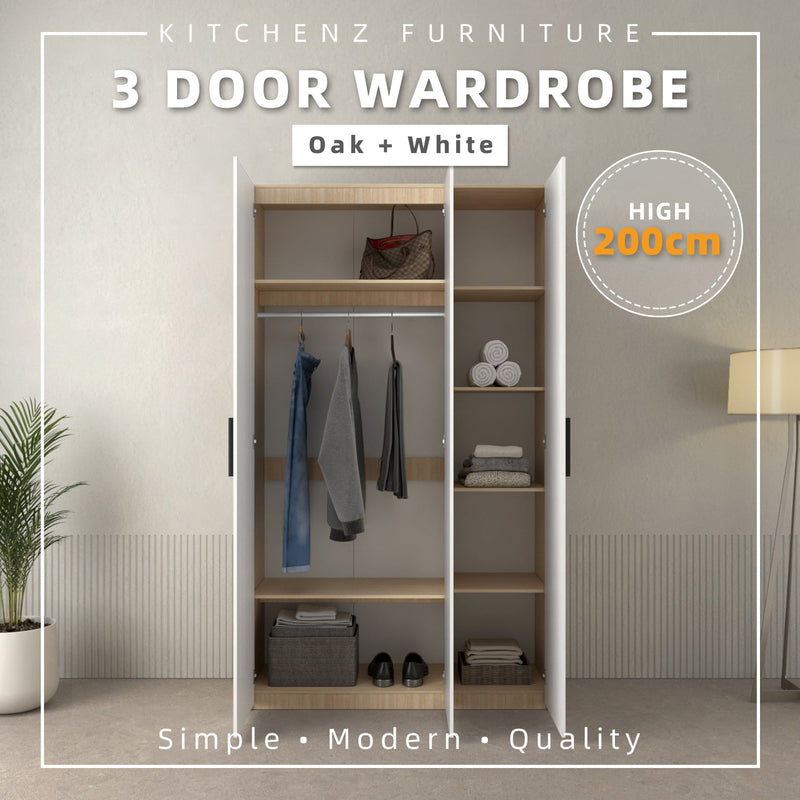 200cm High 3 Door Wardrobe With Matte Black Plastic Handle / Almari Baju / Almari Pakaian-HMZ-FN-WD-6018