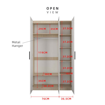 200cm High 3 Door Wardrobe With Matte Black Plastic Handle / Almari Baju / Almari Pakaian-HMZ-FN-WD-6018