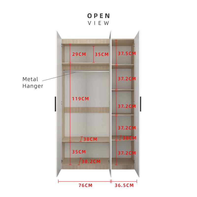 200cm High 3 Door Wardrobe With Matte Black Plastic Handle / Almari Baju / Almari Pakaian-HMZ-FN-WD-6018