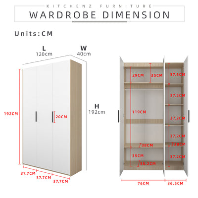 Jordan Series 192cm Height 3 Door Wardrobe Soft Close Door With Matte Black PVC Handle / Almari Baju / Almari Pakaian-HMZ-FN-WD-6418