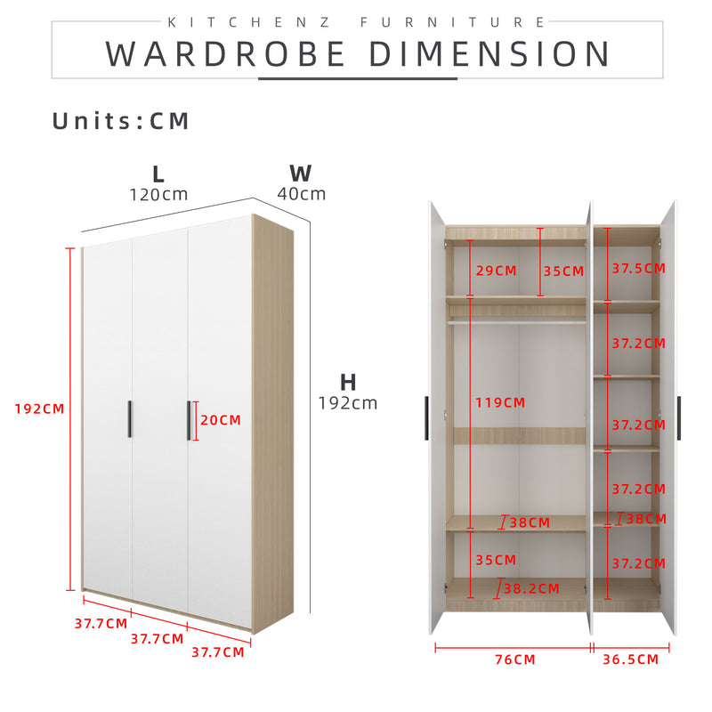 Jordan Series 192cm Height 3 Door Wardrobe Soft Close Door With Matte Black PVC Handle / Almari Baju / Almari Pakaian-HMZ-FN-WD-6418