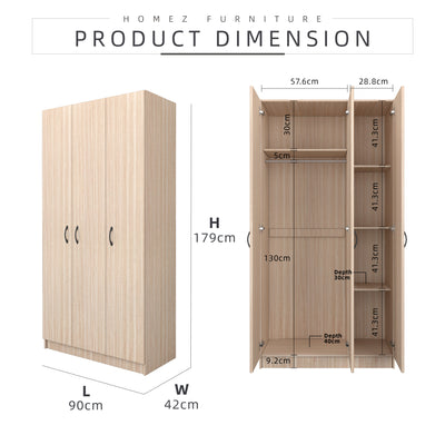 3FT 3 Door Wardrobe Solid Board with 6 Shelves- HMZ-FN-WD-6001/6021