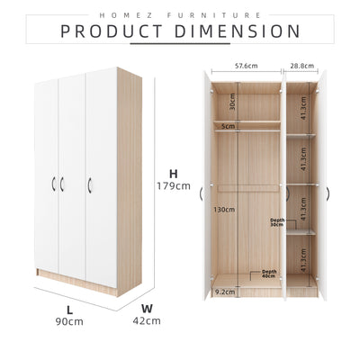 3FT 3 Door Wardrobe Solid Board with 6 Shelves- HMZ-FN-WD-6001/6021