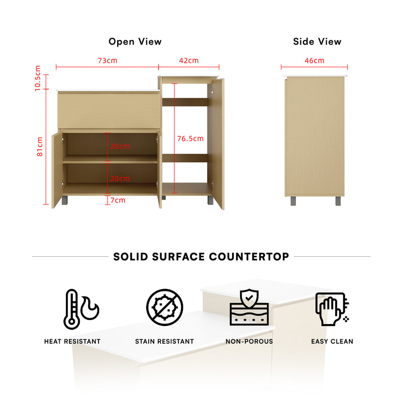 3.7FT Gas Cabinet White Solid Surface Counter Top Drawer Almari OAK Gas Cyclinder Storage - GC-6121-OAK