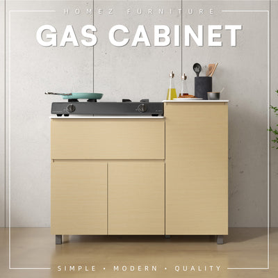 3.7FT Gas Cabinet White Solid Surface Counter Top Drawer Almari OAK Gas Cyclinder Storage - GC-6121-OAK