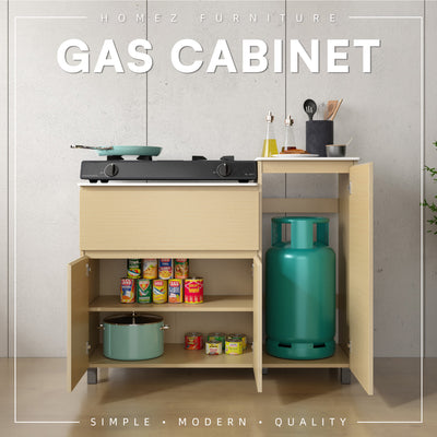 3.7FT Gas Cabinet White Solid Surface Counter Top Drawer Almari OAK Gas Cyclinder Storage - GC-6121-OAK