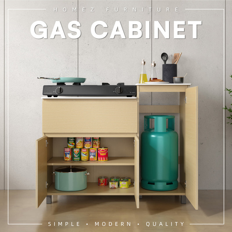 3.7FT Gas Cabinet White Solid Surface Counter Top Drawer Almari OAK Gas Cyclinder Storage - GC-6121-OAK