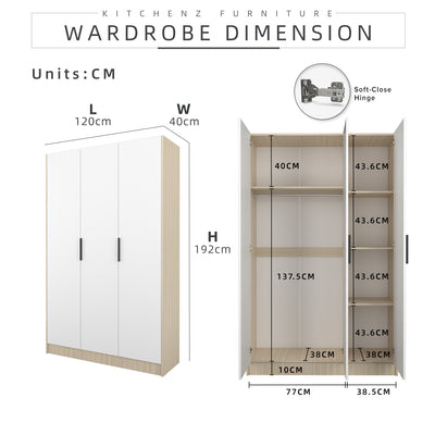 [FREE Shipping] 192cm High 3 Door Wardrobe With Matte Black Plastic Handle / Almari Baju / Almari Pakaian-HMZ-FN-WD-6418V2