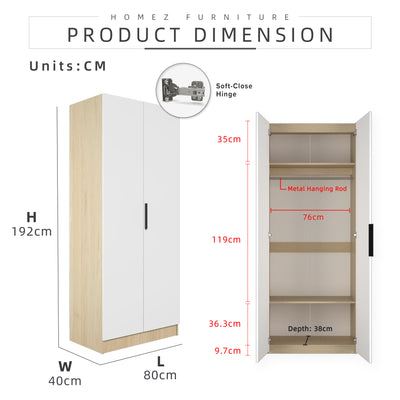 (EM)Jordan Series 192cm Height 2 Door Wardrobe Soft Close Door With Matte Black PVC Handle and Hanging Rod / Almari Baju / Almari Pakaian-HMZ-FN-WD-6419