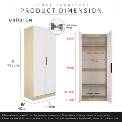 (EM)Jordan Series 192cm Height 2 Door Wardrobe Soft Close Door With Matte Black PVC Handle and Hanging Rod / Almari Baju / Almari Pakaian-HMZ-FN-WD-6419