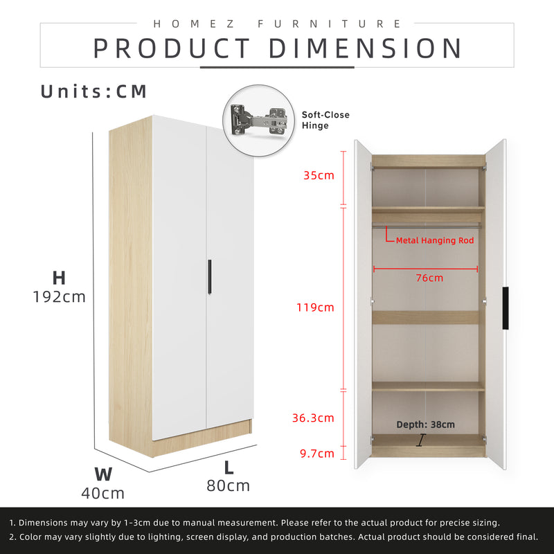 (EM)Jordan Series 192cm Height 2 Door Wardrobe Soft Close Door With Matte Black PVC Handle and Hanging Rod / Almari Baju / Almari Pakaian-HMZ-FN-WD-6419