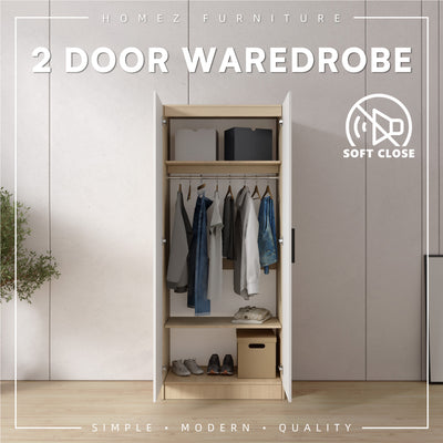 (EM)Jordan Series 192cm Height 2 Door Wardrobe Soft Close Door With Matte Black PVC Handle and Hanging Rod / Almari Baju / Almari Pakaian-HMZ-FN-WD-6419