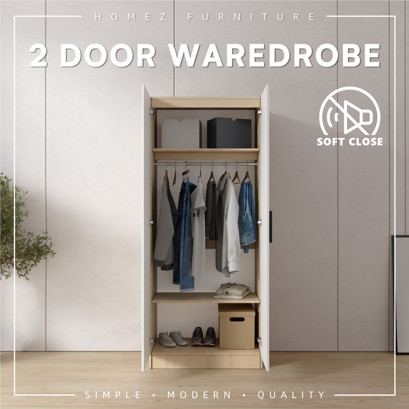 (EM)Jordan Series 192cm Height 2 Door Wardrobe Soft Close Door With Matte Black PVC Handle and Hanging Rod / Almari Baju / Almari Pakaian-HMZ-FN-WD-6419
