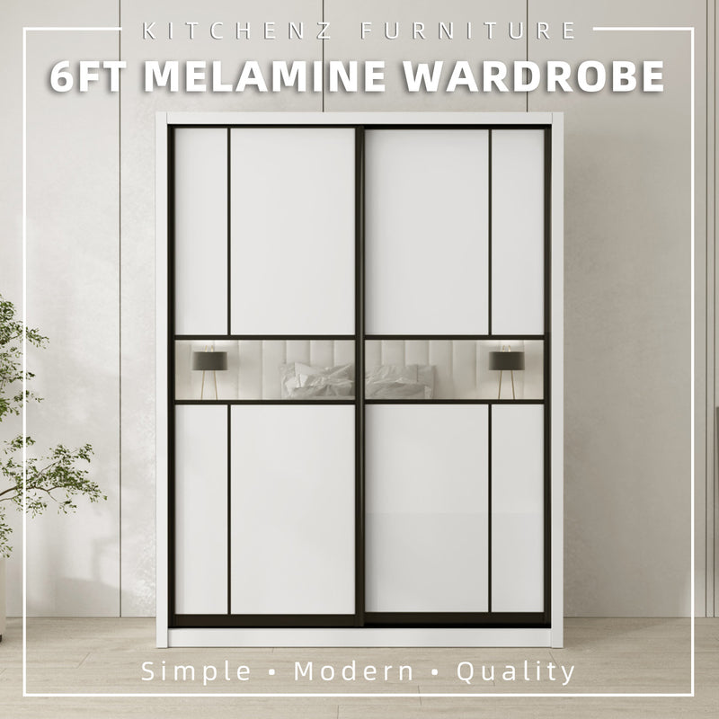 (EM) [FREE Shipping & FREE Installation - KK ONLY] 6x8FT Melamine Black Frame Sliding Wardrobe Almari Baju Almari Pakaian - B+B/B+C/B+D/B+F