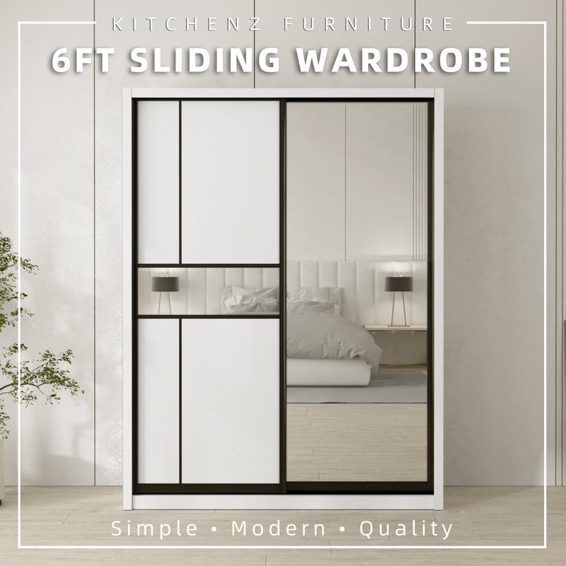 (EM) [FREE Shipping & FREE Installation - KK ONLY] 6x8FT Melamine Black Frame Sliding Wardrobe Almari Baju Almari Pakaian - B+B/B+C/B+D/B+F