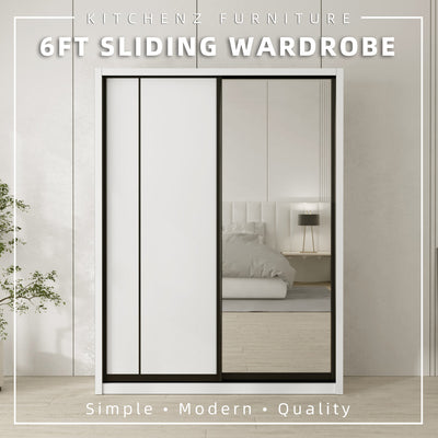 (EM) [FREE Shipping & FREE Installation - KK ONLY] 6x8FT Melamine Black Frame Sliding Wardrobe Almari Baju Almari Pakaian - B+B/B+C/B+D/B+F